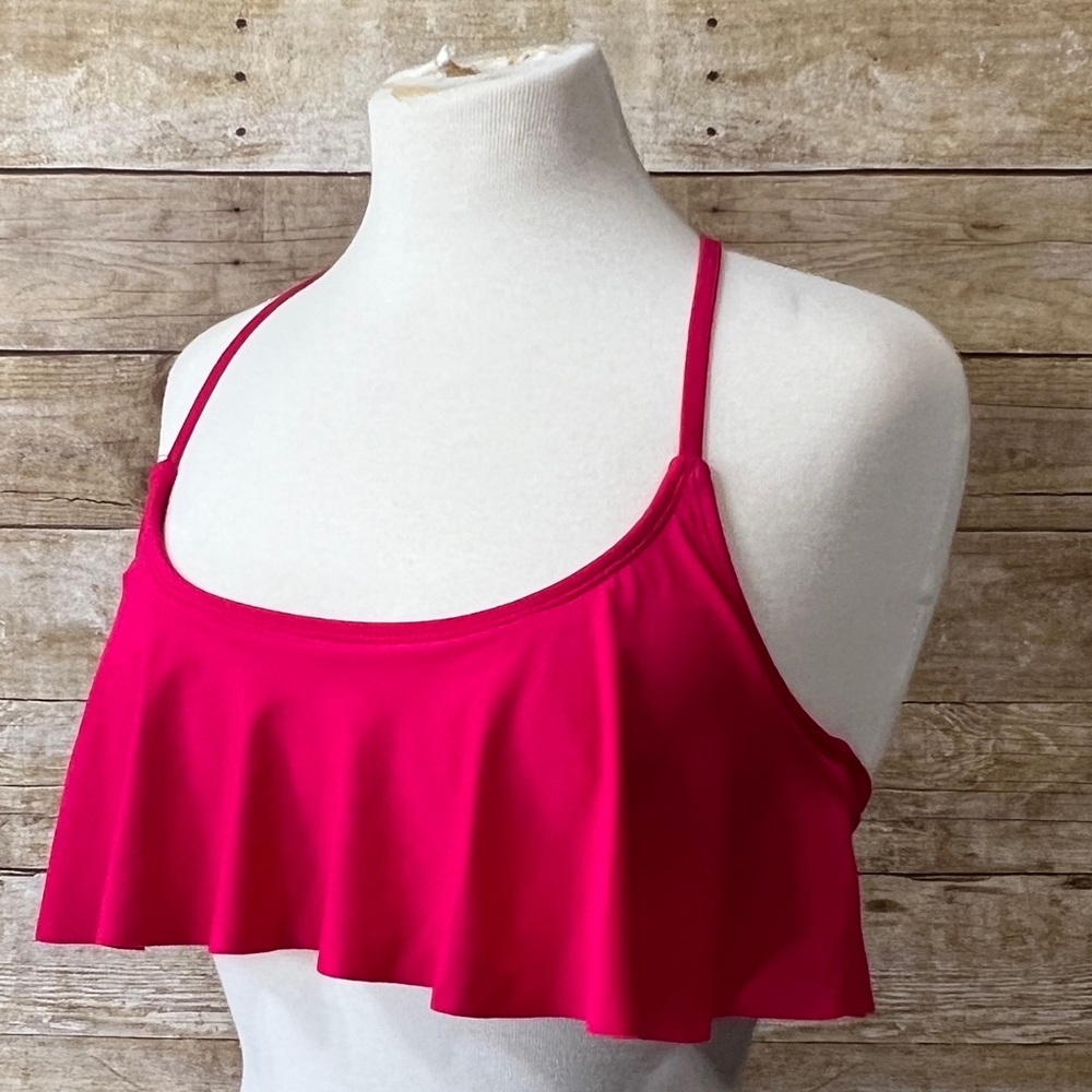 Hot Pink Flounce Ruffle Bikini Top Strappy Lattice Back Swim Separate Womens - Picture 3 of 9